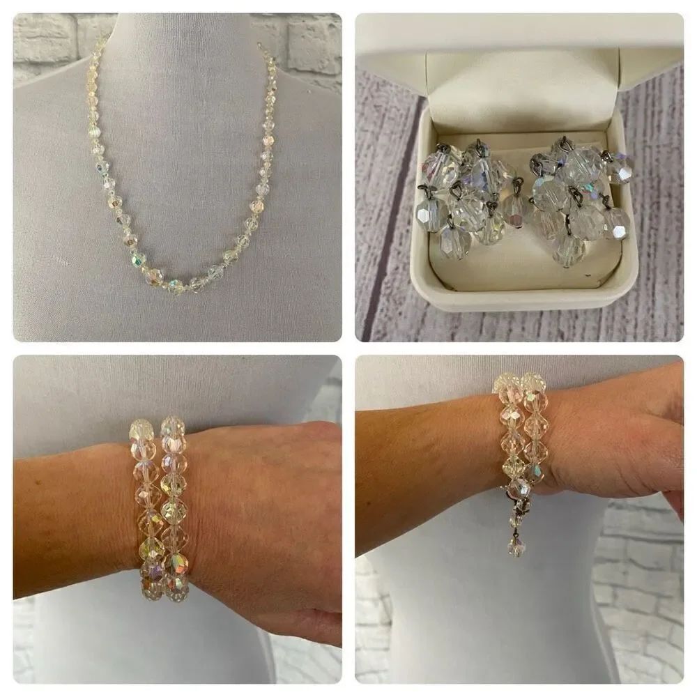 Jewelry necklace earrings andโbracelet set Iridescent clear sparkleโbeads